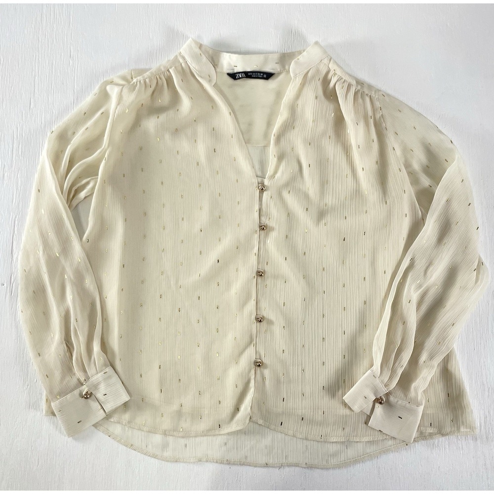 ZARA FOIL gold DOTTED Semi-sheer MESH Ecru Loose BLOUSE size Small‎ Bohemian